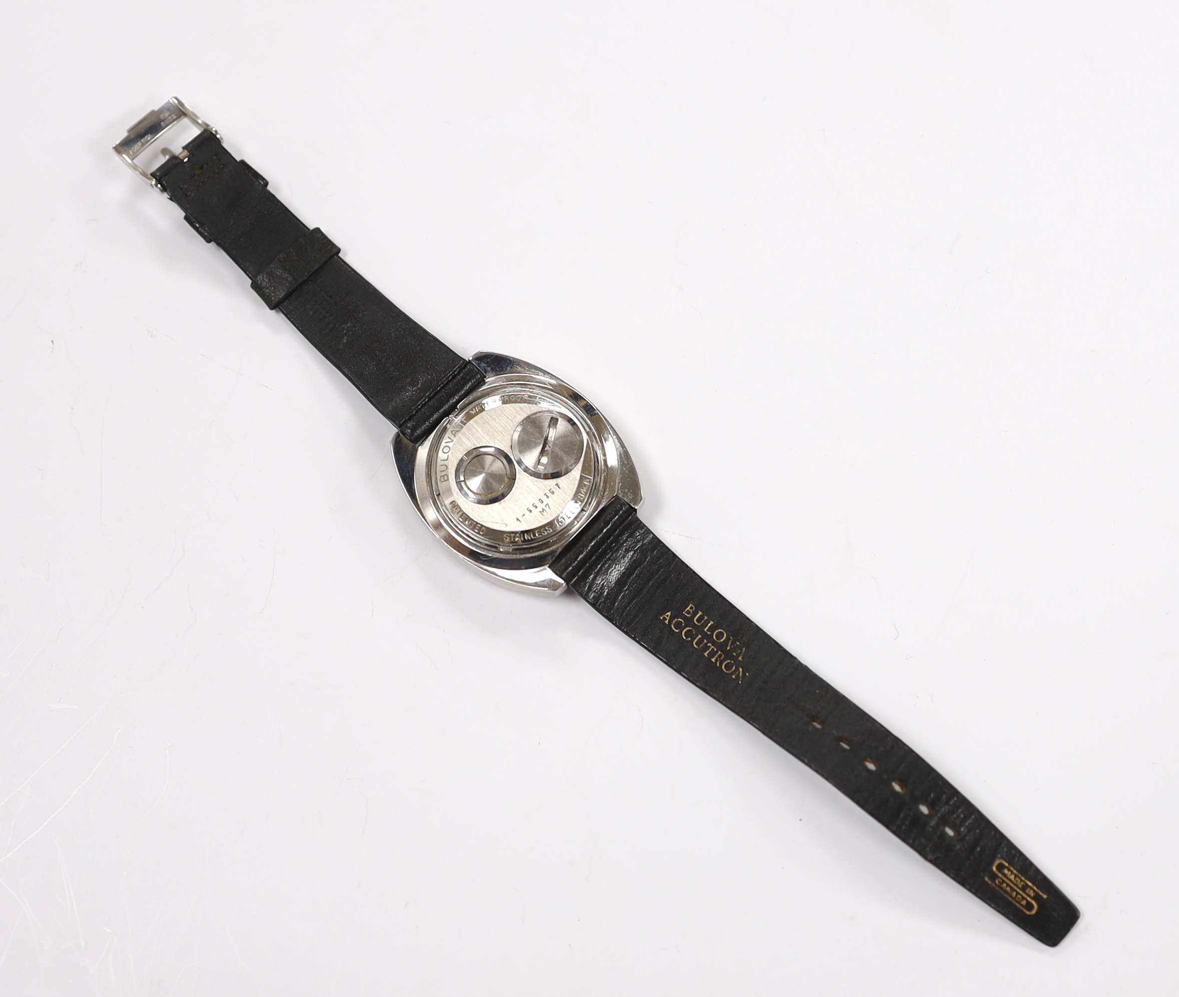 A gentleman's stainless steel Bulova Accutron M7 wrist watch, on a Bulova leather strap, case diameter 38mm.